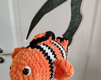 Handmade Velvet Clownfish Plushie, Chunky Amigurumi Fish Toy, Ocean Nursery Decor