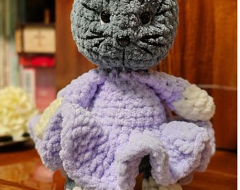Handmade Crochet Cat Plushie | Velvet Amigurumi Kitty, Purple Dress Toy