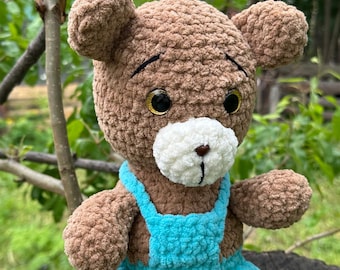 Hand Crocheted Teddy Bear, Teal Overalls, Amigurumi Plush, Custom Stuffed Animal, Nursery Decor