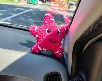 Crochet Star Car Companion – Handmade Dashboard Plushie, Pink Star Decor