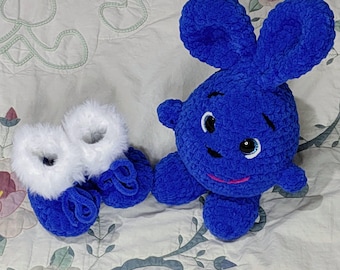 Crocheted Blue Bunny Amigurumi and Faux Fur Trim Booties Set