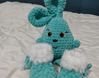 Crochet Plush Bunny Toy and Fur Trim Booties Set – Turquoise Chenille Newborn Gift