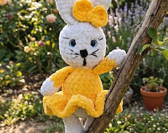 Plush Crochet Bunny, Yellow Dress, Velvet Yarn Amigurumi Toy, Easter Gift