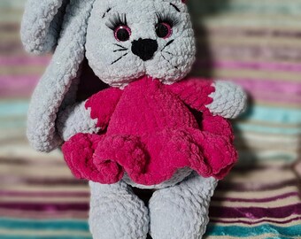 Large Crochet Bunny Plush, Velvet Amigurumi Rabbit Stuffed Animal, Handmade Toy, Toddler Gift