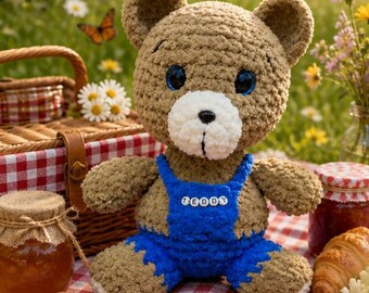 Crochet Teddy Bear Plushie, Velvet Amigurumi Stuffed Animal, Blue Overalls Toy