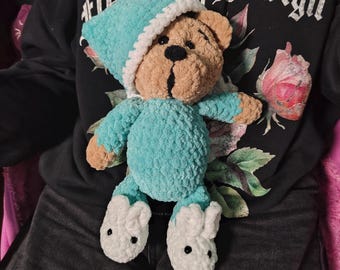 Handmade Cozy Teddy Bear Plush in Turquoise Bunny Pajamas