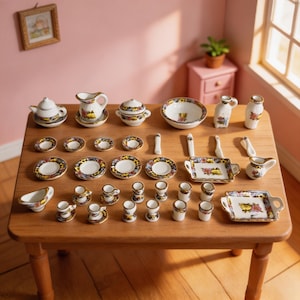 Puede incluir: Un juego de vajilla en miniatura de porcelana con base blanca, motivos florales coloridos y bordes dorados. La colección incluye platos, tazas, platillos, una tetera, una lechera, una sopera con tapa, un cuenco, bandejas y cubiertos.