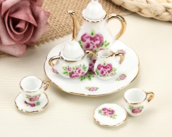 Miniature Ceramic Tea Set for 1:6 Dollhouses – Elegant Floral Teapot, Cups & Saucers for 12-inch Dolls