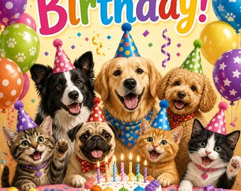 Tarjeta de cumpleaños para mascotas – Fiesta temática de perros y gatos (para amantes de los animales)
