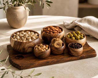 Handcrafted Wooden Serving Board with Bowls – Rustic Snack Tray Set