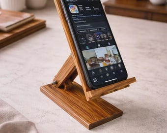 Supporto per telefono in legno fatto a mano, cerniera ad angolo regolabile, supporto da scrivania pieghevole, decorazione per la postazione di lavoro.