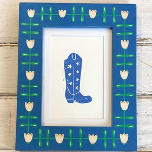 original whimsical cowboy boot linocut art in hand painted folk floral frame