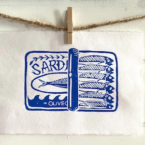 original blue sardine tin linocut art