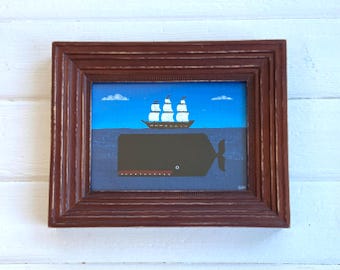 original framed painting abstract nautical folk art whale
