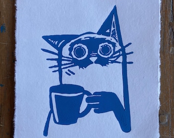 original cobalt blue disheveled cat drinking coffee linocut art