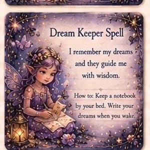 May include: A vertical image of three illustrated cards with a fantasy theme. Each card features a fairy, a crescent moon, and text describing spells. The top card reads "4. LOST WISHES" and "Dreamer of the Moon."