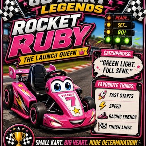 May include: A rectangular sign featuring a pink cartoon go-kart named Ruby with the number 7. The text reads Go Kart Legends, Rocket Ruby, The Launch Queen, Green Light. Full Send, and lists favourite things like fast starts and speed.
