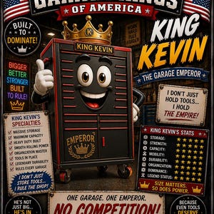 May include: A black metal tool chest character with a gold crown, large eyes, and a smiling face. The chest features red accents, wheels, and the text King Kevin. Surrounding signs display text including Garage Kings of America, King Kevin, and King Kevin's Stats with five-star ratings. The design includes American flags and various slogans about storage and power.