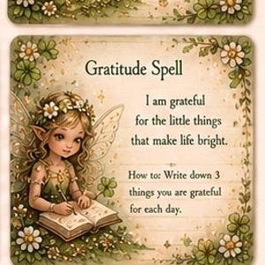 May include: A set of three illustrated cards with fairy imagery. Each card features a different spell: Lucky Charm, Gratitude, and Joy Sparkle. The cards have floral borders and text describing each spell and how to perform it.