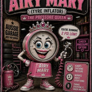 May include: A rectangular metal sign featuring a pink cartoon character named Airy Mary, a tire inflator with a face, wearing a crown and pink sneakers. The sign includes text such as Airy Mary, The Pressure Queen, and You're running 2 PSI low!