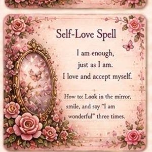 May include: A set of three illustrated cards with a pink floral theme. Each card features a fairy illustration and text describing spells for kindness, self-love, and rose light. The cards are adorned with roses and butterflies.