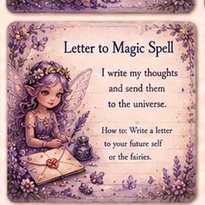 May include: A series of illustrated cards with a fairy theme. Each card features a fairy and text describing spells, including "Gentle Words Spell," "Letter to Magic Spell," and "Calm & Peace Spell." The cards have a lavender and floral design.