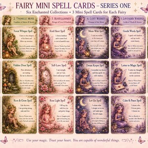 May include: A collection of fairy mini spell cards with illustrations of fairies and floral accents. Each card features a different spell, such as "Wishweaver Spell" and "Kind Heart Spell". The text "FAIRY MINI SPELL CARDS - SERIES ONE" is at the top.