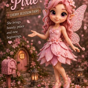 Peut inclure: Une figurine de fée aux cheveux roses, oreilles pointues et ailes, portant une robe faite de pétales roses. Le texte indique Petal Pixie, Cherry Blossom Fairy, She brings beauty, peace and new beginnings, et Fairies of Enchanted Sparkle Studio.