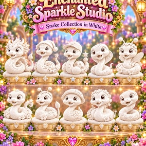 May include: A collection of ten white snake figurines displayed on gold circular pedestals. The top banner reads Enchanted Sparkle Studio Snake Collection in White. Each snake features unique accessories like hats, flowers, or wings, all set against a floral background.