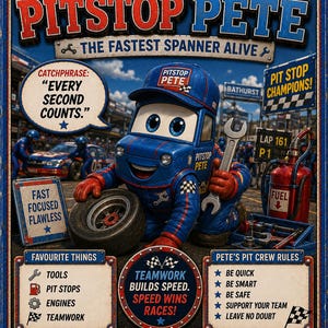 May include: A rectangular metal sign featuring a blue cartoon character named Pitstop Pete holding a wrench and a tire. The sign includes text such as Bathurst Legends, Pitstop Pete, The Fastest Spanner Alive, and various racing-themed rules.
