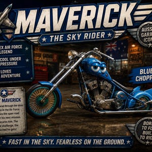 May include: A blue chopper motorcycle with the text "MAVERICK" and "THE SKY RIDER". The motorcycle has a cartoonish face on the front and the text "BLUE CHOPPER". The image also includes text about Maverick's background and the phrase "FAST IN THE SKY. FEARLESS ON THE GROUND."
