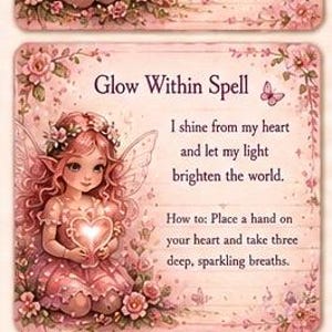 May include: A set of three cards with fairy illustrations and text. The cards are pink with floral borders and feature a fairy with pink hair and wings. The text includes spells like "Wishweaver Spell" and "Believe & Bloom Spell".
