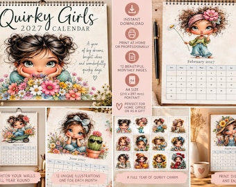 Kalendarz Quirky Girls 2027, Kalendarz ścienny A4 do druku, Fantazyjna sztuka kwiatowa, Pobieranie cyfrowe