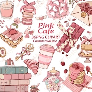 Puede incluir: Un conjunto de ilustraciones digitales titulado Pink Cafe 36PNG CLIPART Commercial use, que presenta elementos de temática rosa que incluyen una vela, macarons, dulces en forma de corazón, un sobre, un pastel, una llave, una taza de café, chocolate, libros y panqueques.