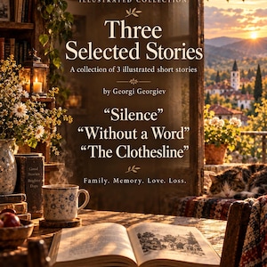 Könnte beinhalten: Ein Buchcover mit dem Titel Three Selected Stories von Georgi Georgiev, das die Geschichten Silence, Without a Word und The Clothesline enthält. Das Bild zeigt ein offenes Buch auf einem Tisch, eine Blumentasse und eine schlafende Katze am Fenster.