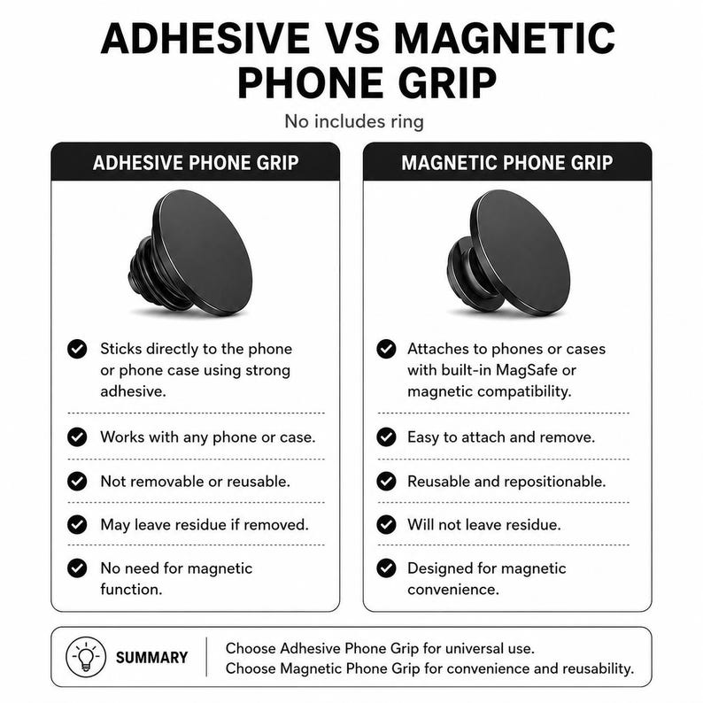 May include: A comparison chart titled ADHESIVE VS MAGNETIC PHONE GRIP showing two black circular phone grips. The adhesive version sticks directly to phones or cases, while the magnetic version attaches to MagSafe or magnetic devices.