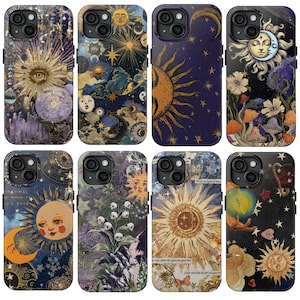 May include: A collection of eight smartphone cases featuring celestial and mystical designs. The cases display various illustrations of suns, moons, stars, planets, mushrooms, flowers, and skeletal hands in vibrant colors against dark, cosmic backgrounds.