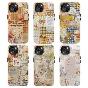May include: Six smartphone cases featuring collage-style designs of Winnie the Pooh characters, honey pots, pumpkins, and floral patterns. Each case displays various quotes and text snippets in a mix of warm autumn tones, blue, and soft neutral colors.