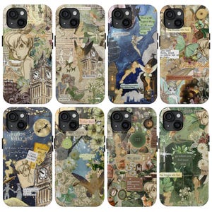 May include: A collection of eight smartphone cases featuring collage-style designs with illustrations of Tinker Bell, Peter Pan, Big Ben, butterflies, flowers, and various inspirational quotes printed on a mix of vintage-toned and dark blue backgrounds.