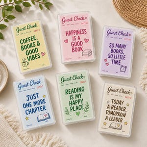 May include: Six rectangular guest check notepads with grid patterns and book-themed text. The yellow pad says COFFEE, BOOKS & GOOD VIBES, pink says HAPPINESS IS A GOOD BOOK, purple says SO MANY BOOKS, SO LITTLE TIME, blue says JUST ONE MORE CHAPTER, green says READING IS MY HAPPY PLACE, and cream says TODAY A READER, TOMORROW A LEADER.