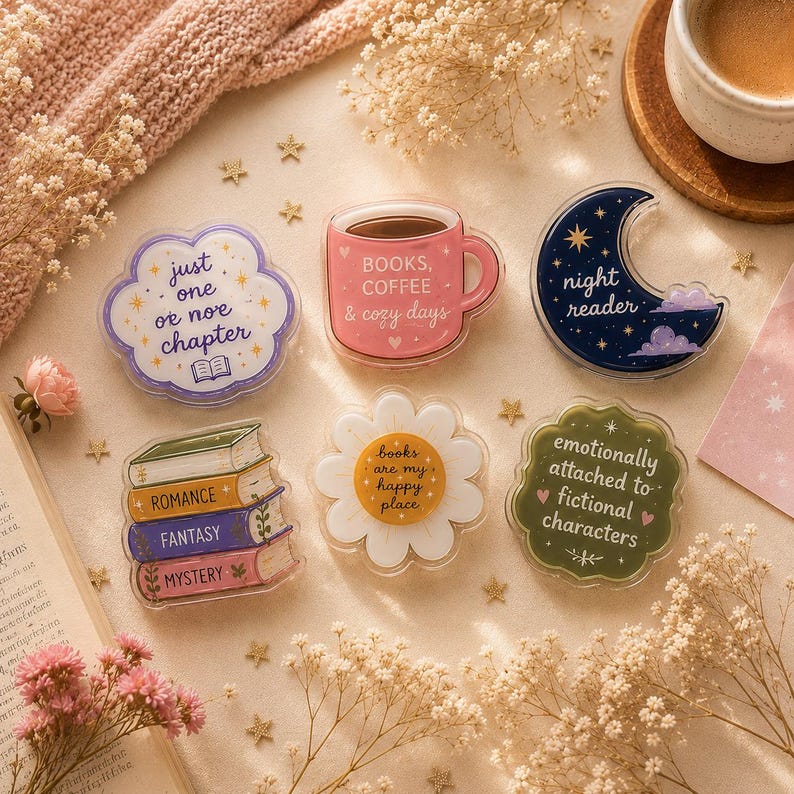 May include: A collection of six acrylic pins featuring various designs: a cloud with text 'just one more chapter', a pink mug with 'BOOKS, COFFEE & cozy days', a crescent moon with 'night reader', a stack of books, a daisy, and a green scalloped shape.