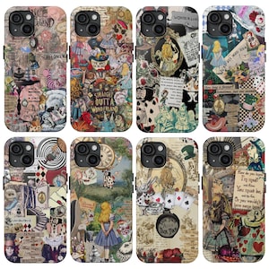 May include: A collection of eight smartphone cases featuring collage-style illustrations inspired by Alice in Wonderland. The designs include various characters, playing cards, clocks, and text snippets like Straight Outta Wonderland and How long is forever.