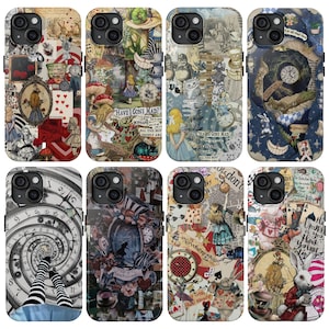 May include: A collection of eight smartphone cases featuring various collage-style illustrations inspired by Alice in Wonderland, including characters like the White Rabbit, Cheshire Cat, and Mad Hatter, alongside clocks, playing cards, and text.