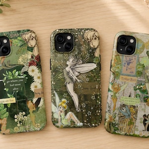 May include: Three smartphone cases featuring Tinker Bell illustrations in shades of green. The left case displays the text 'go where you feel most alive' and 'The Trouble with Tink'. The center case shows a fairy with wings. The right case includes the text 'Tinker Bell'.