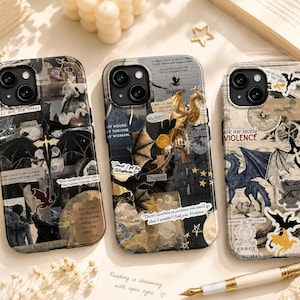 May include: Three smartphone cases featuring collage-style designs with dark, fantasy-themed imagery, including dragon illustrations, text snippets, and vintage-inspired paper textures. The cases display various black, gold, and cream color palettes.