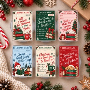 May include: Six rectangular acrylic ornaments featuring Christmas-themed designs. Each ornament displays text and illustrations of books, mugs, and holiday motifs. The designs include library cards, guest checks, and book checkout forms with festive colours.