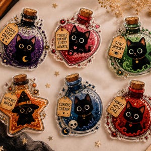 May include: Six acrylic charms shaped like potion bottles, each containing a black cat. The bottles feature cork stoppers and hanging tags with text: GOOD VIBES ONLY, TOXIC? MAYBE. CUTE? ALWAYS., STAY SPOOKY, WITCHES BREW, CURIOUS CATNIP, and HANDLE WITH CARE.