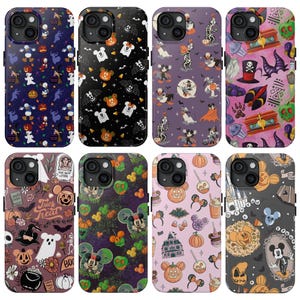 May include: Eight smartphone cases featuring various Halloween-themed patterns with Disney characters, pumpkins, ghosts, candy corn, bats, and haunted houses in purple, black, pink, and orange color palettes with detailed graphic illustrations.