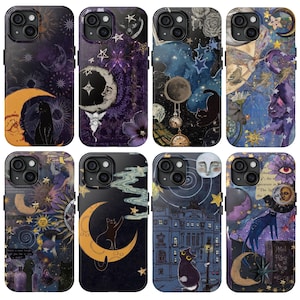 May include: Eight phone cases featuring celestial and mystical designs. The patterns include black cats, crescent moons, stars, planets, vintage clocks, architectural sketches, and floral elements in a dark, vibrant color palette of purple, blue, and gold.