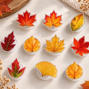 May include: A collection of ten circular phone grips featuring realistic autumn leaf designs. The leaves include various maple, ginkgo, and birch shapes in vibrant shades of red, orange, yellow, and green, each set on a white base with a silver rim.